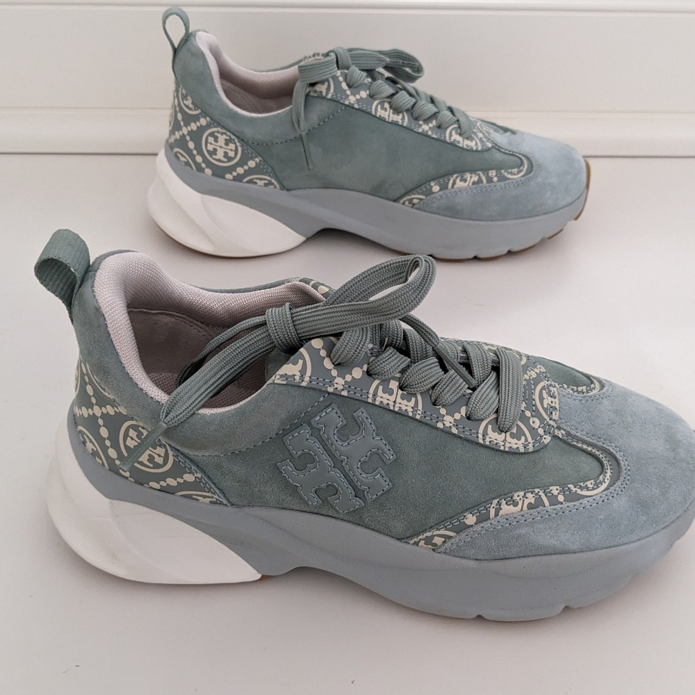 EUC! Tory Burch T Monogram Good Luck Sneaker Calf Leather Blue Celadon Size 7.5 - Picture 5 of 13